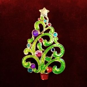 Miriam Haskell Green Enamel Rhinestone Ornament Christmas Tree Brooch